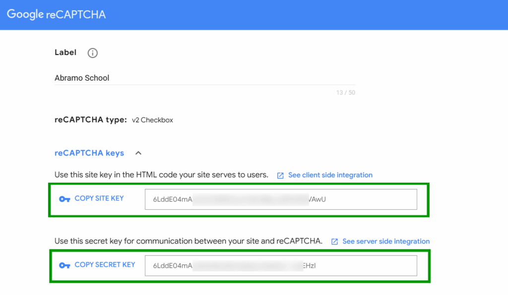 Copy reCAPTCHA Keys