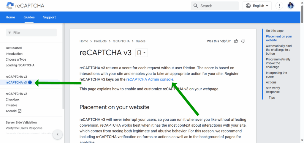 reCAPTCHA Admin console